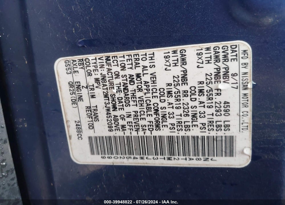2018 NISSAN ROGUE VIN: JN8AT2MT3JW452099