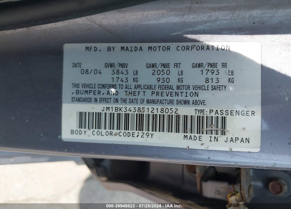 2005 MAZDA 3 S VIN: JM1BK343851218052