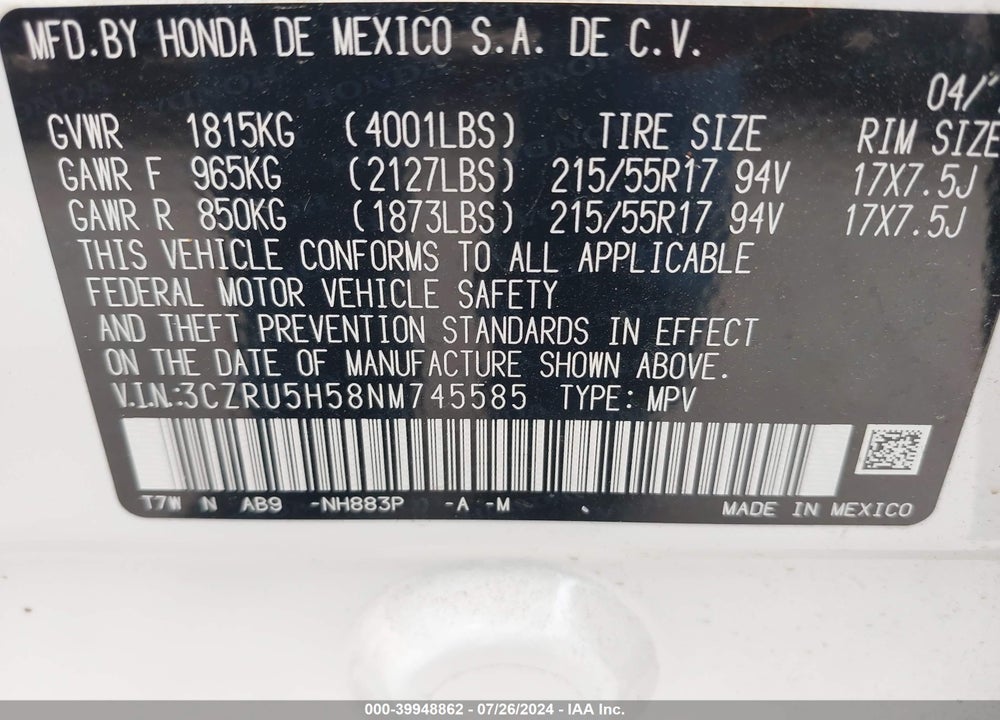 2022 HONDA HR-V 2WD EX VIN: 3CZRU5H58NM745585