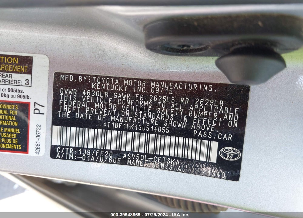 2016 TOYOTA CAMRY SE VIN: 4T1BF1FK1GU514055