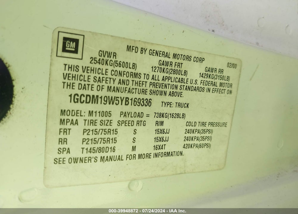 2000 CHEVROLET ASTRO VIN: 1GCDM19W5YB169336
