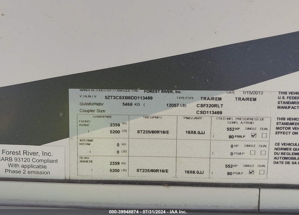 2013 PRIME CRUSADER 320RLT VIN: 5ZT3CSXB6DD113469