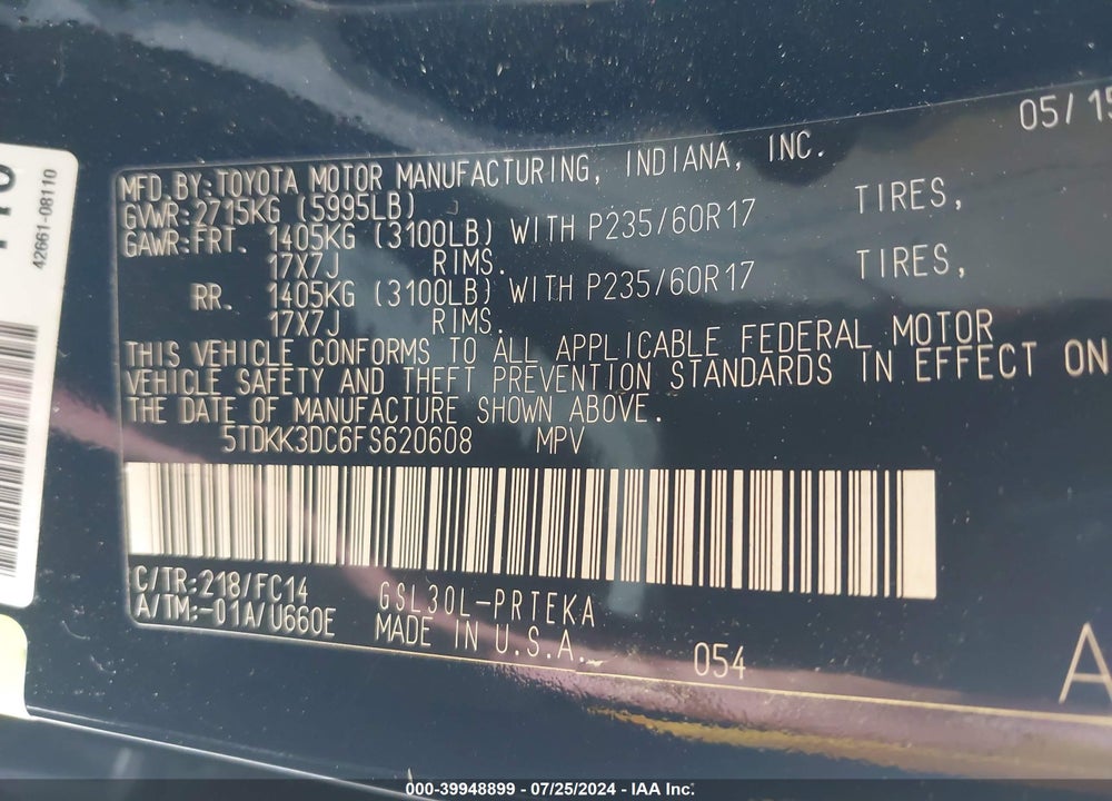 2015 TOYOTA SIENNA LE 8 PASSENGER VIN: 5TDKK3DC6FS620608