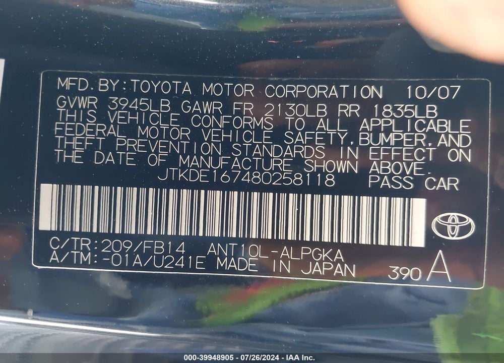 2008 SCION TC VIN: JTKDE167480258118