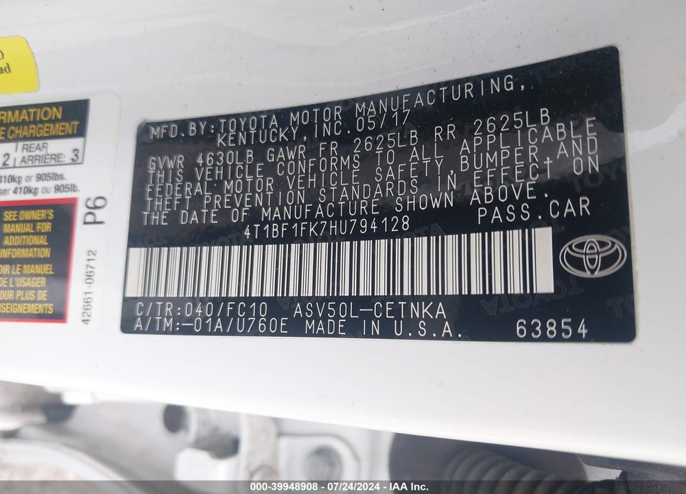 2017 TOYOTA CAMRY LE VIN: 4T1BF1FK7HU794128