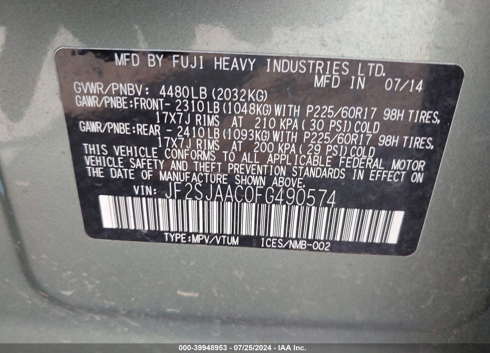 2015 SUBARU FORESTER 2.5I VIN: JF2SJAAC0FG490574