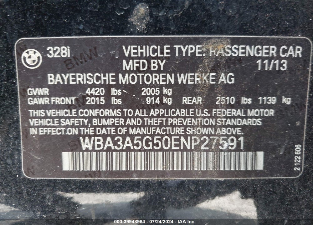 2014 BMW 328I VIN: WBA3A5G50ENP27591