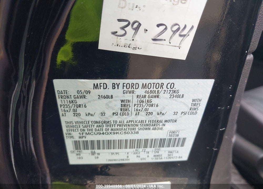 2009 FORD ESCAPE LIMITED VIN: 1FMCU94GX9KC50338