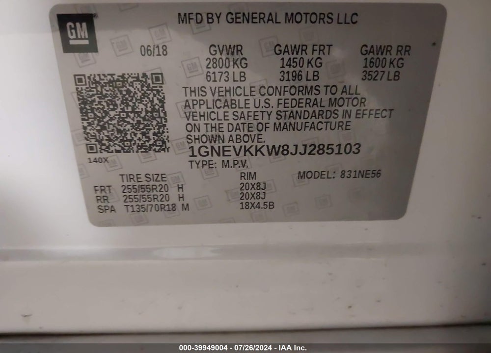 2018 CHEVROLET TRAVERSE HIGH COUNTRY VIN: 1GNEVKKW8JJ285103