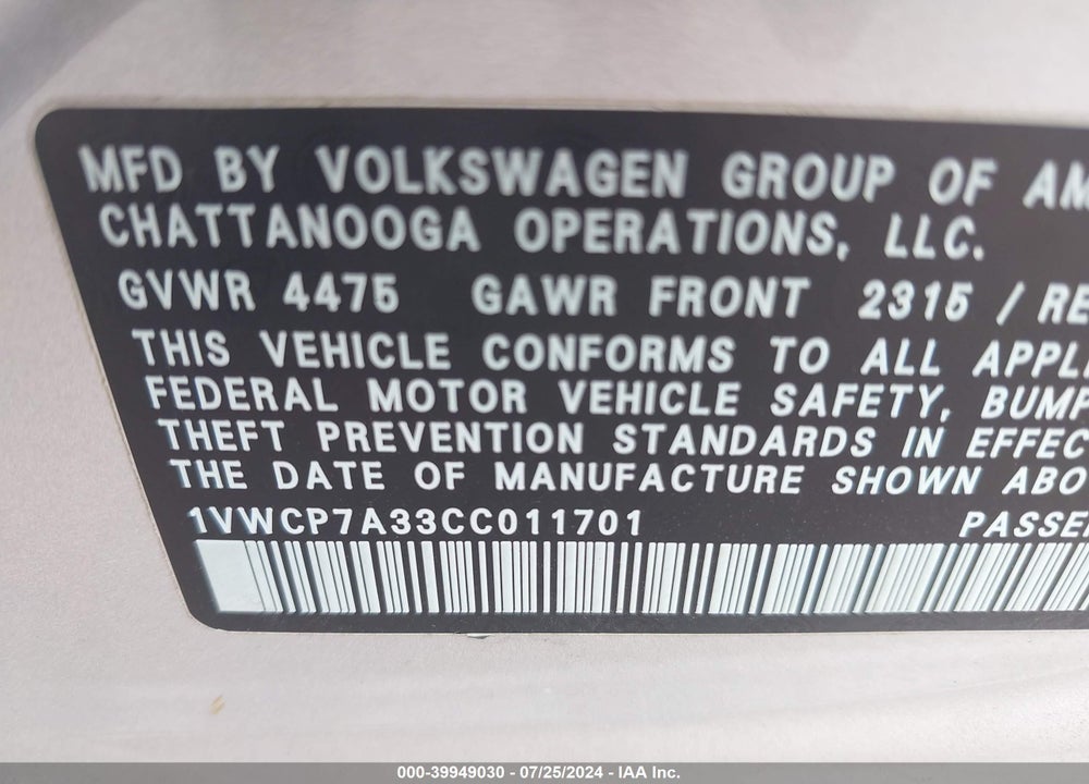 2012 VOLKSWAGEN PASSAT 2.5L SEL PREMIUM VIN: 1VWCP7A33CC011701