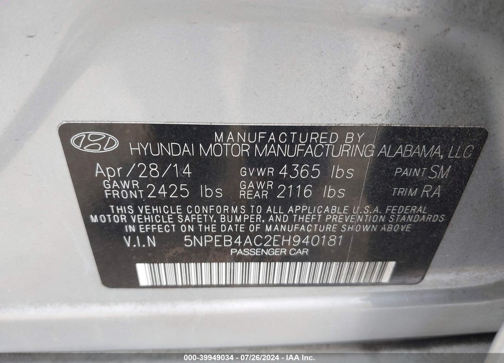 2014 HYUNDAI SONATA VIN: 5NPEB4AC2EH940181