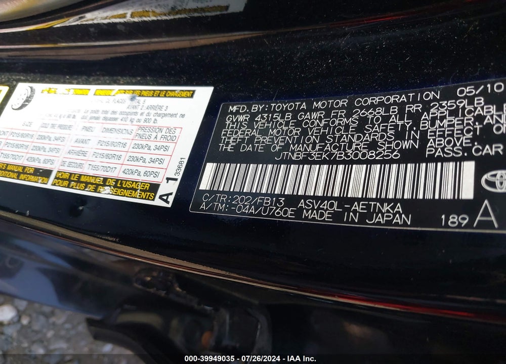 2011 TOYOTA CAMRY LE/SE/XLE VIN: JTNBF3EK7B3008256