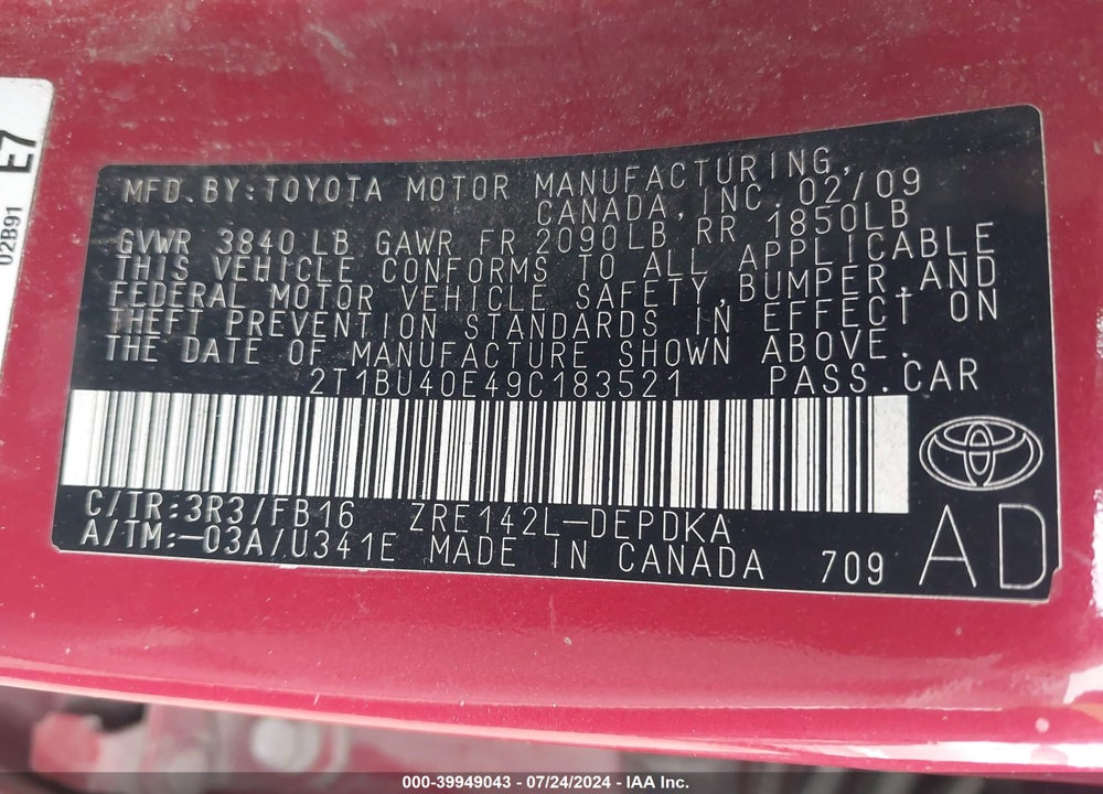 2009 TOYOTA COROLLA LE/S/XLE VIN: 2T1BU40E49C183521