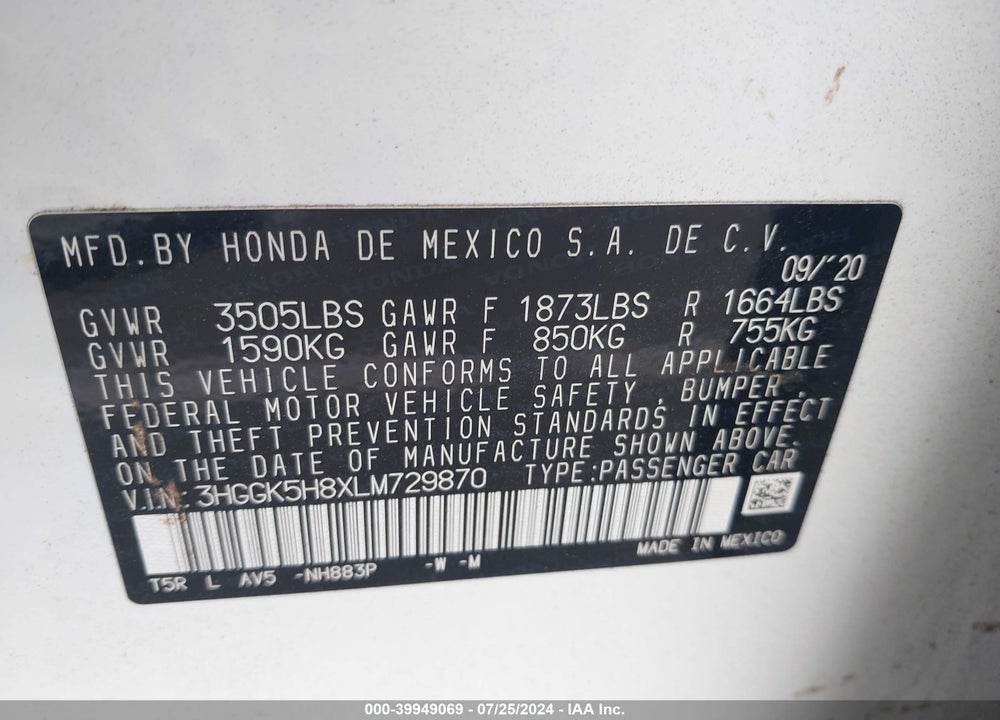 2020 HONDA FIT EX VIN: 3HGGK5H8XLM729870