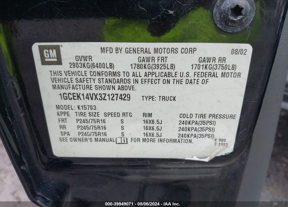 2003 CHEVROLET SILVERADO 1500 VIN: 1GCEK14VX3Z127429