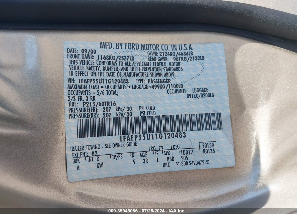 2001 FORD TAURUS SES VIN: 1FAFP55U11G120483
