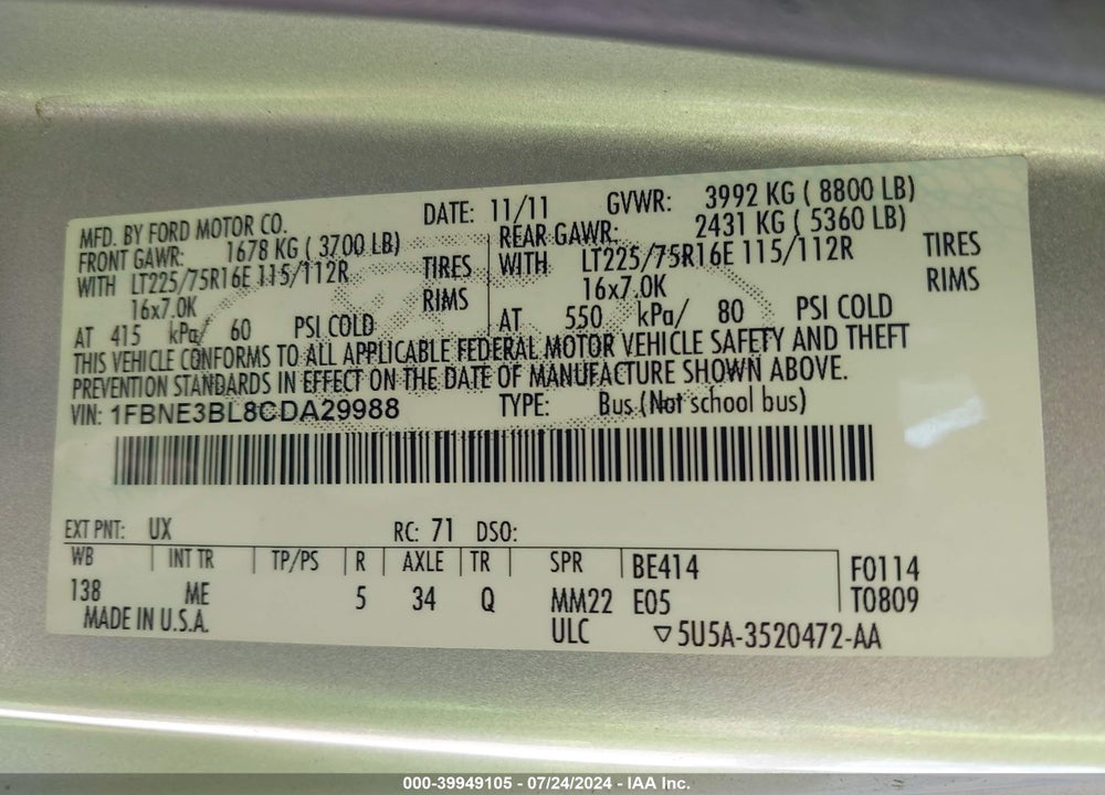 2012 FORD E-350 SUPER DUTY XLT VIN: 1FBNE3BL8CDA29988