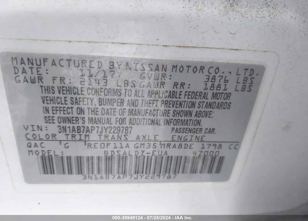 2018 NISSAN SENTRA SV VIN: 3N1AB7AP7JY229787
