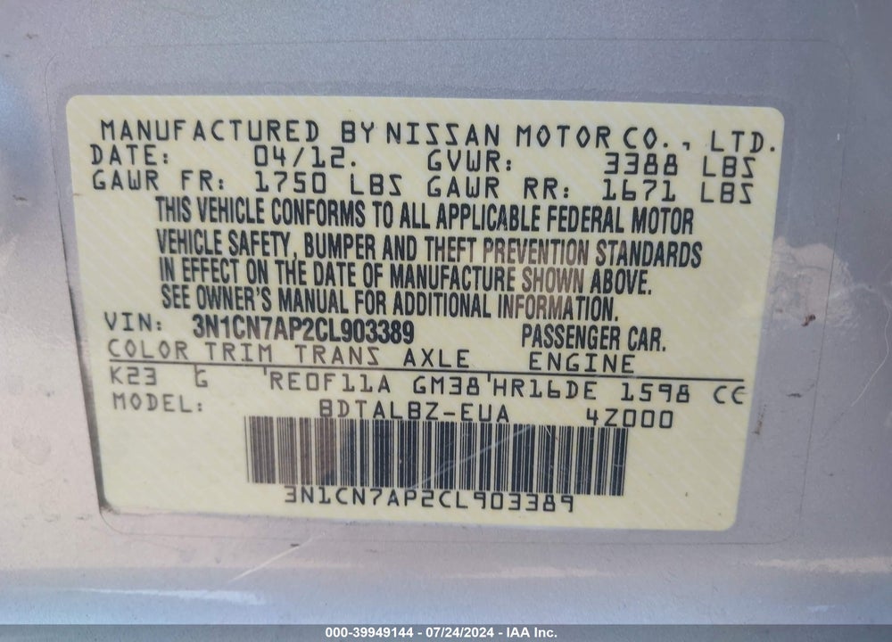 2012 NISSAN VERSA 1.6 SV VIN: 3N1CN7AP2CL903389