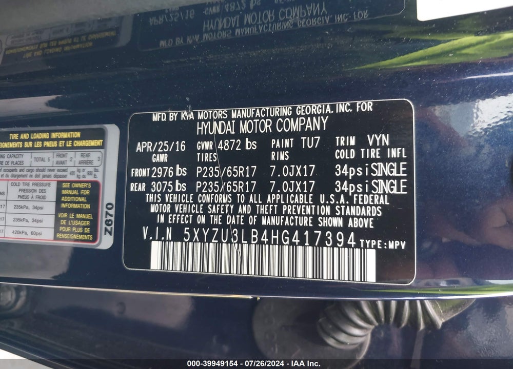 2017 HYUNDAI SANTA FE SPORT 2.4L VIN: 5XYZU3LB4HG417394
