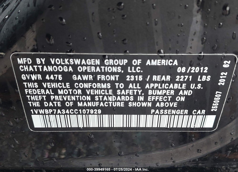2012 VOLKSWAGEN PASSAT 2.5L SE VIN: 1VWBP7A34CC107929