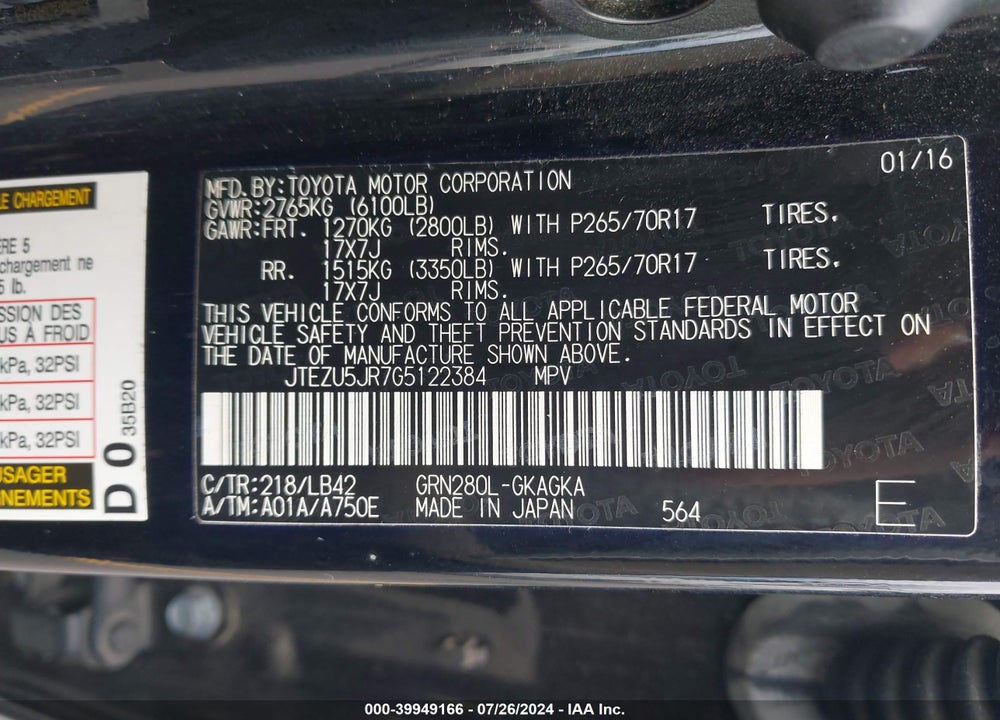 2016 TOYOTA 4RUNNER LIMITED/SR5/SR5 PREMIUM VIN: JTEZU5JR7G5122384