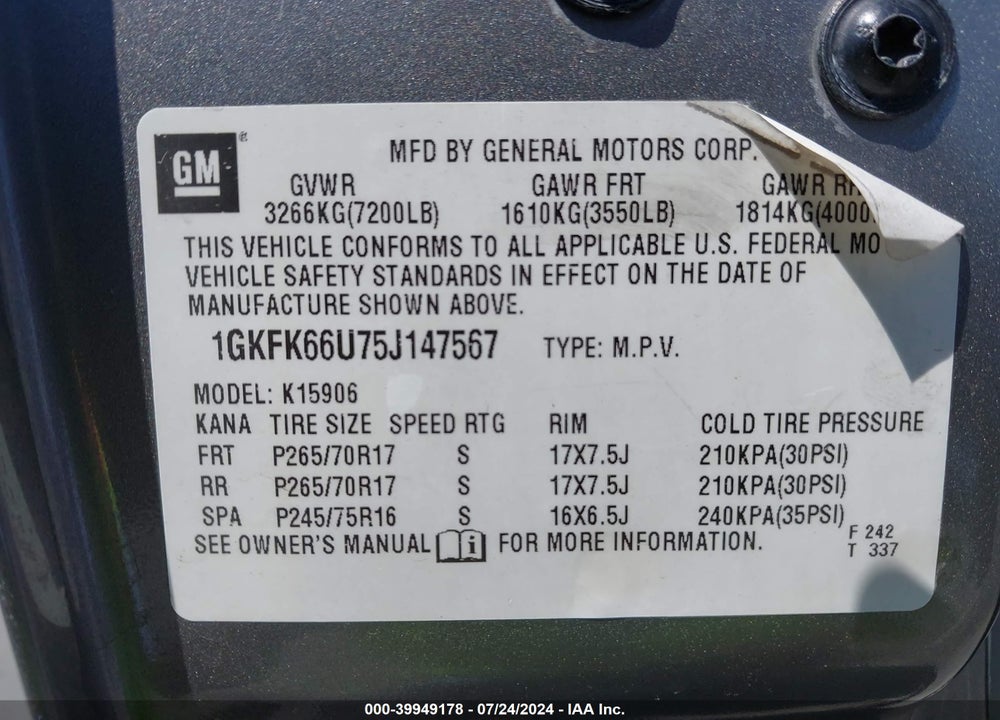 2005 GMC YUKON XL 1500 DENALI VIN: 1GKFK66U75J147567