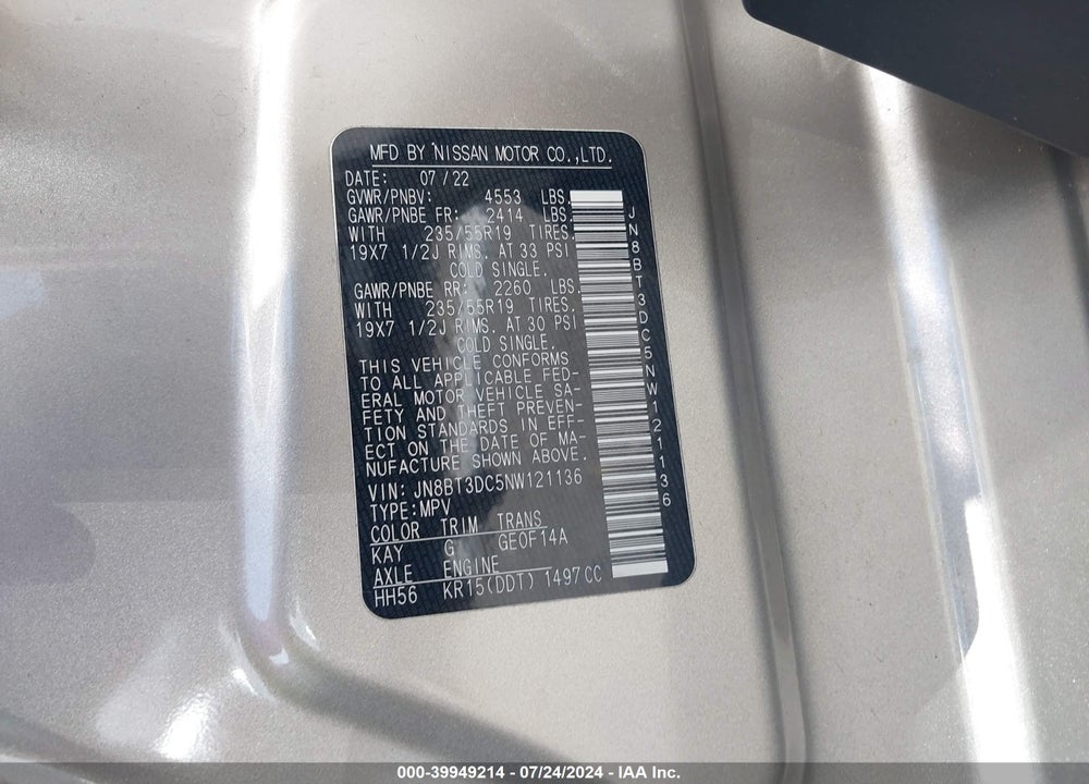 2022 NISSAN ROGUE PLATINUM FWD VIN: JN8BT3DC5NW121136