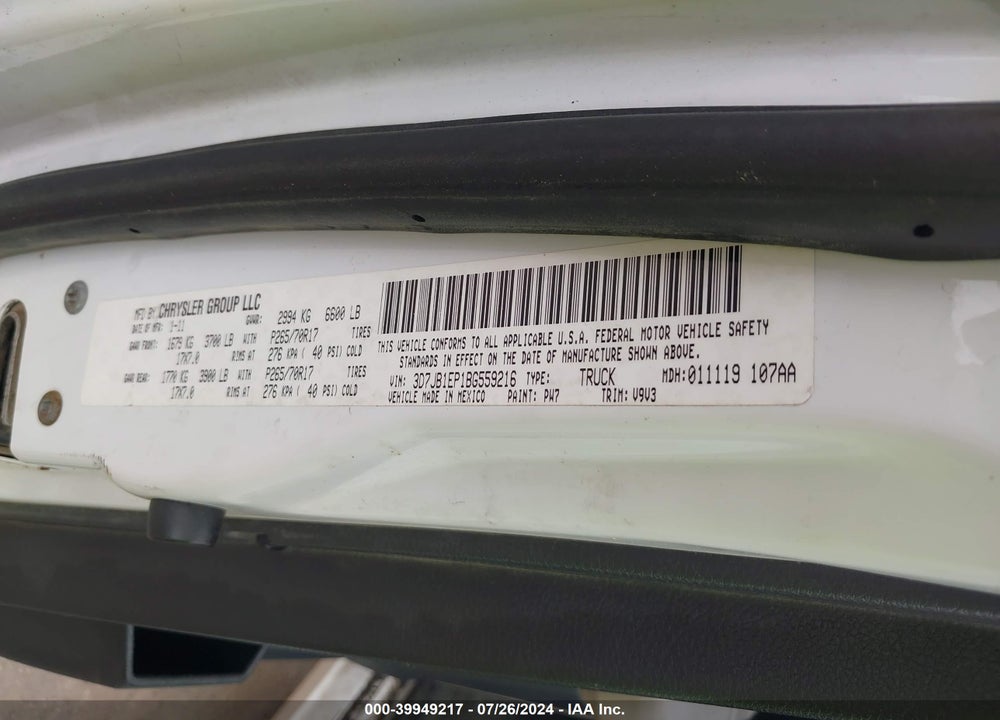 2011 RAM 1500 SLT VIN: 3D7JB1EP1BG559216