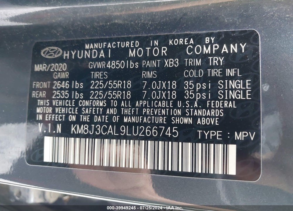 2020 HYUNDAI TUCSON SEL VIN: KM8J3CAL9LU266745