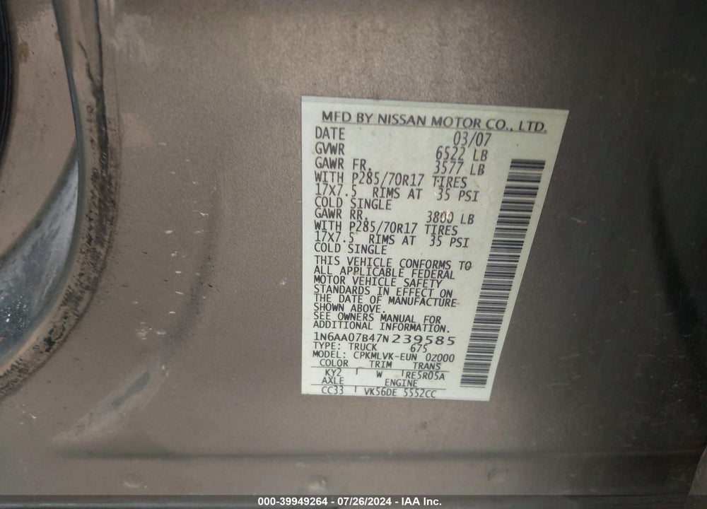 2007 NISSAN TITAN LE VIN: 1N6AA07B47N239585
