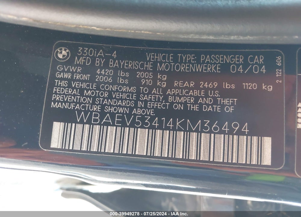 2004 BMW 330I VIN: WBAEV53414KM36494