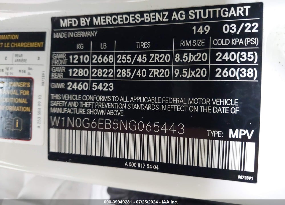 2022 MERCEDES-BENZ AMG GLC 43 4MATIC VIN: W1N0G6EB5NG065443
