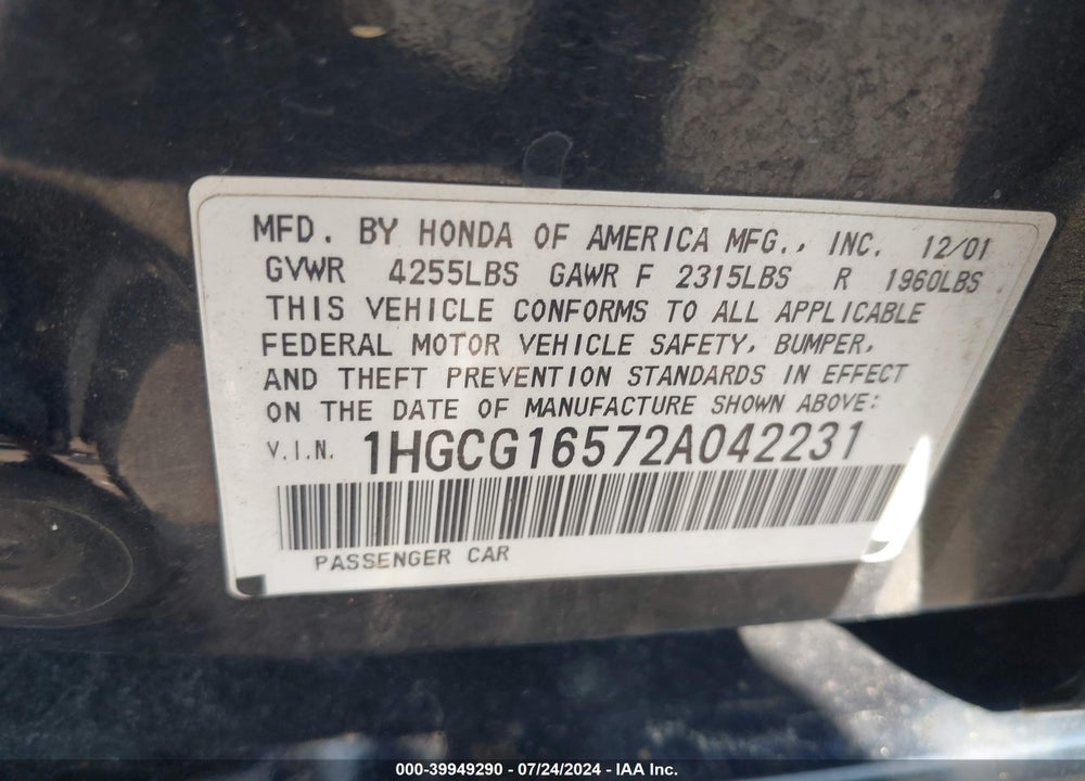 2002 HONDA ACCORD 3.0 EX VIN: 1HGCG16572A042231