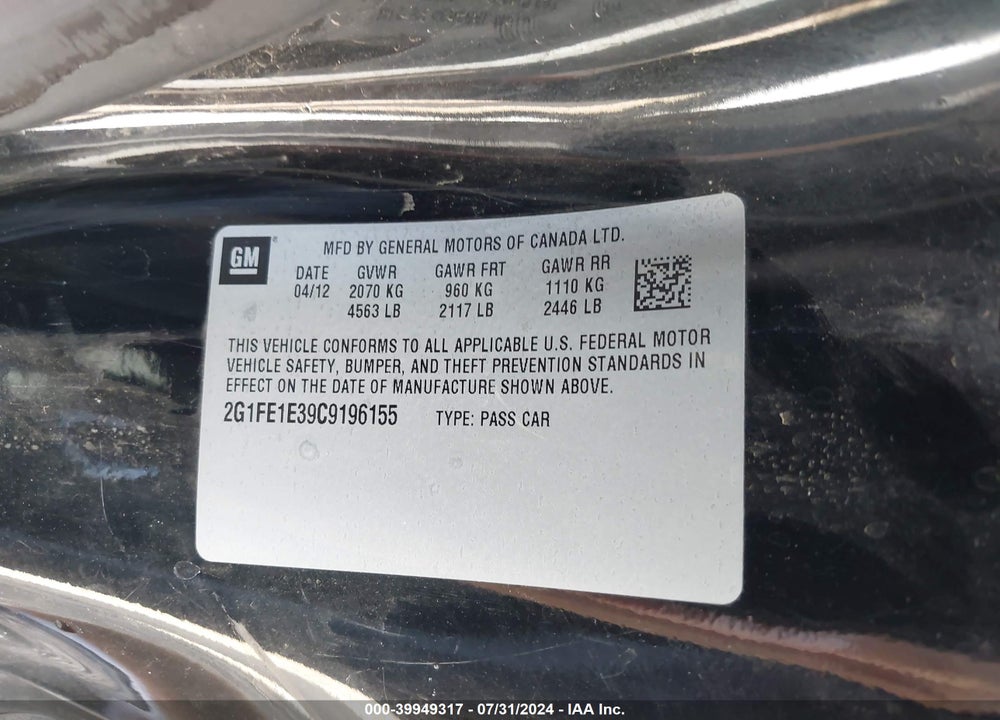 2012 CHEVROLET CAMARO 1LS VIN: 2G1FE1E39C9196155
