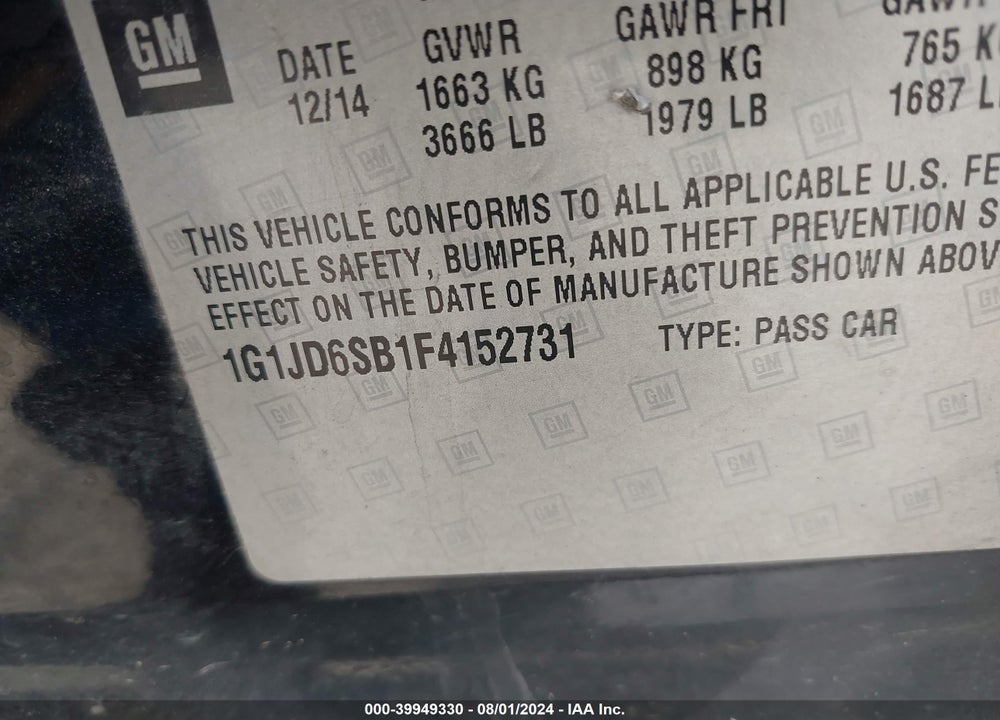 2015 CHEVROLET SONIC LT MANUAL VIN: 1G1JD6SB1F4152731