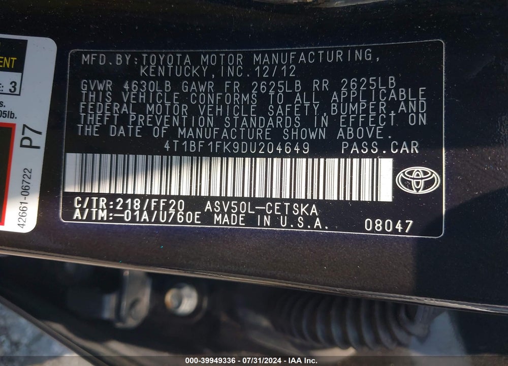 2013 TOYOTA CAMRY SE VIN: 4T1BF1FK9DU204649