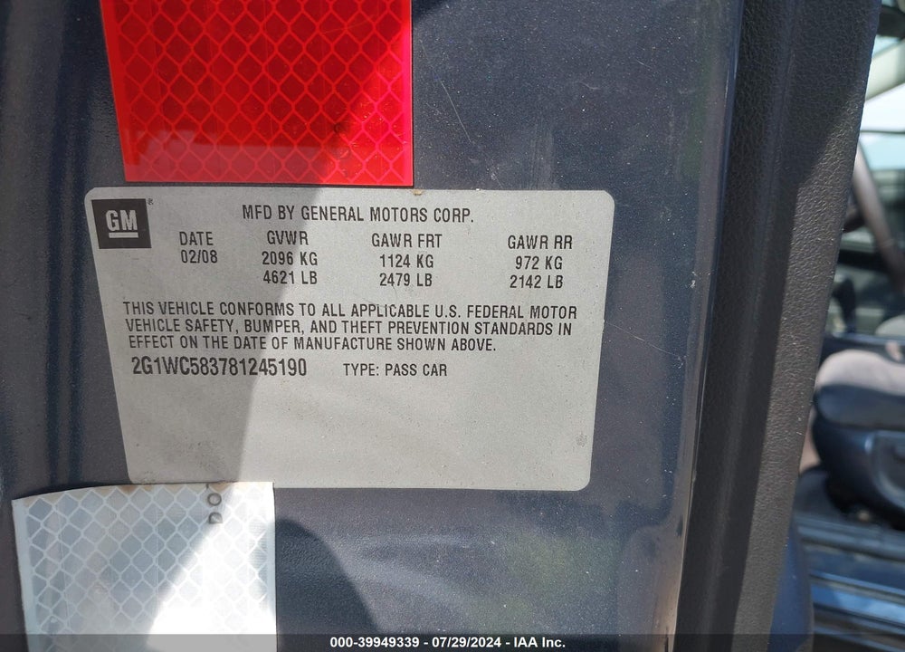 2008 CHEVROLET IMPALA LT VIN: 2G1WC583781245190