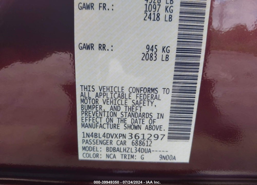 2023 NISSAN ALTIMA SV FWD VIN: 1N4BL4DVXPN361297