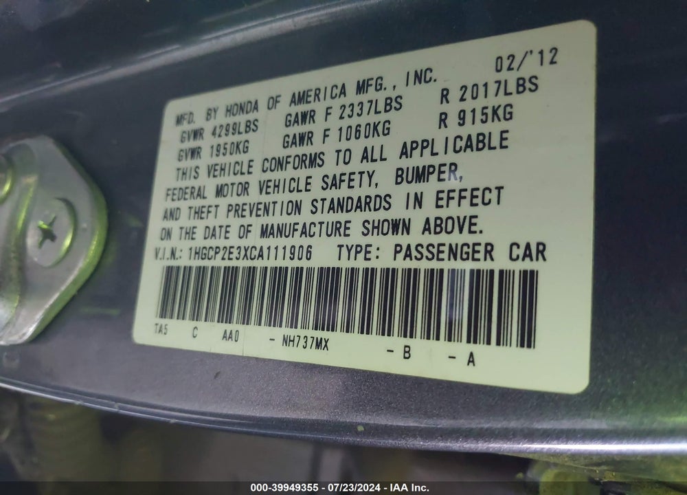 2012 HONDA ACCORD 2.4 LX VIN: 1HGCP2E3XCA111906