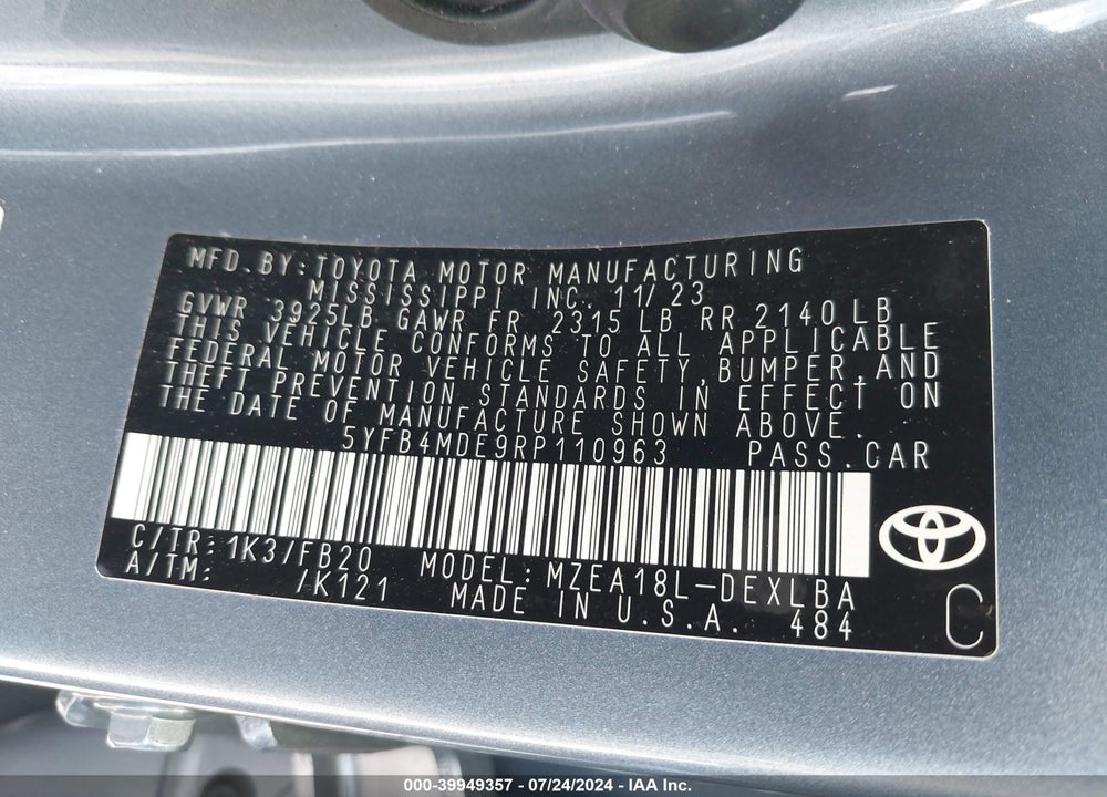 2024 TOYOTA COROLLA LE VIN: 5YFB4MDE9RP110963