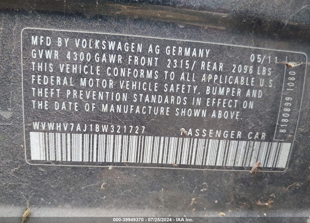 2011 VOLKSWAGEN GTI 4-DOOR VIN: WVWHV7AJ1BW321727