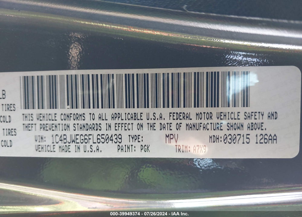 2015 JEEP WRANGLER UNLIMITED SAHARA VIN: 1C4BJWEG6FL650439