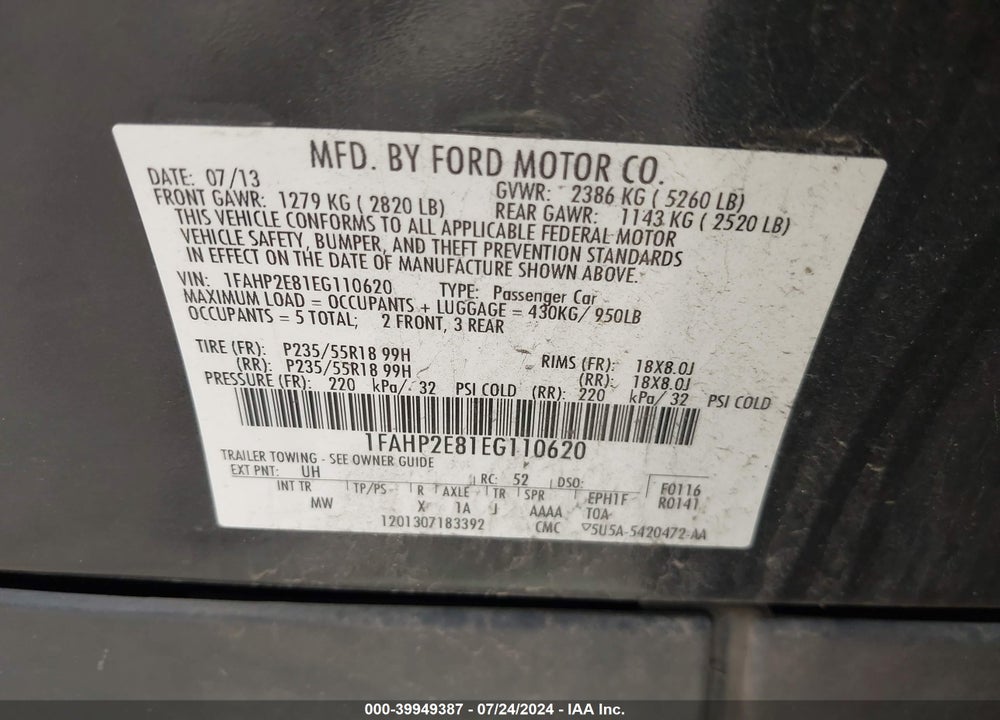 2014 FORD TAURUS SEL VIN: 1FAHP2E81EG110620