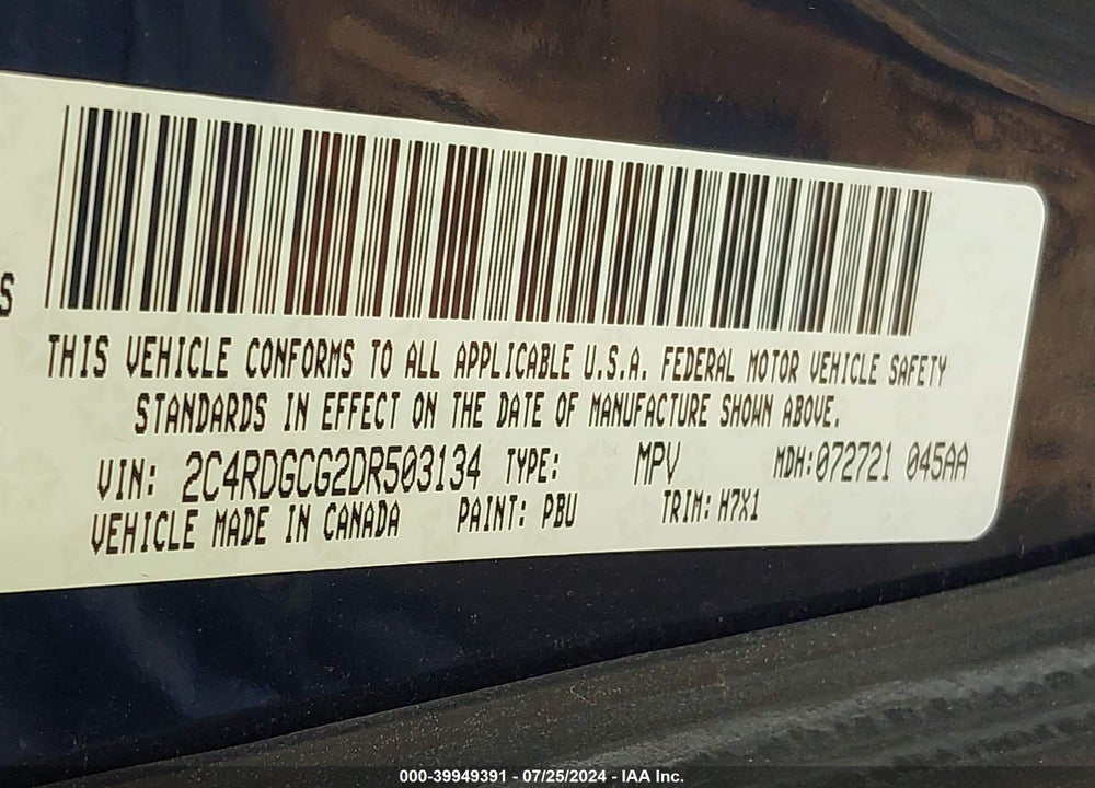2013 DODGE GRAND CARAVAN SXT VIN: 2C4RDGCG2DR503134