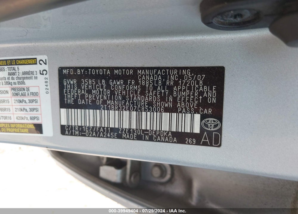 2007 TOYOTA COROLLA CE VIN: 2T1BR32E07C853006