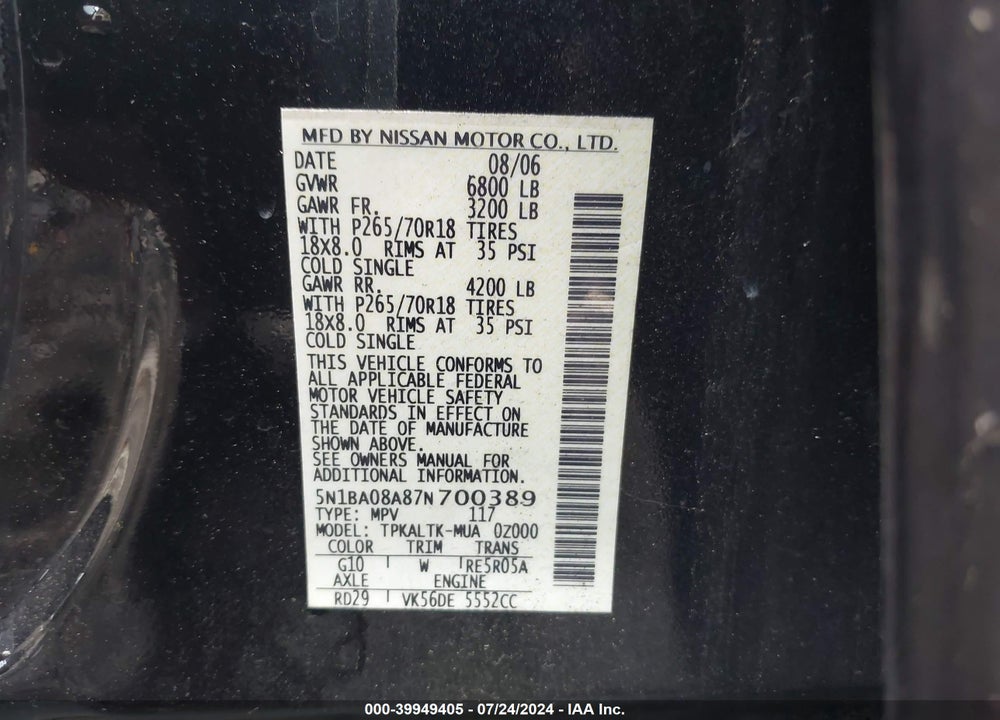 2007 NISSAN ARMADA SE VIN: 5N1BA08A87N700389