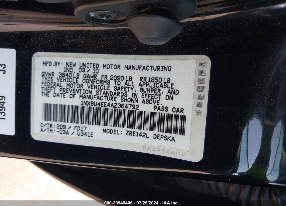 2010 TOYOTA COROLLA S VIN: 1NXBU4EE4AZ364792