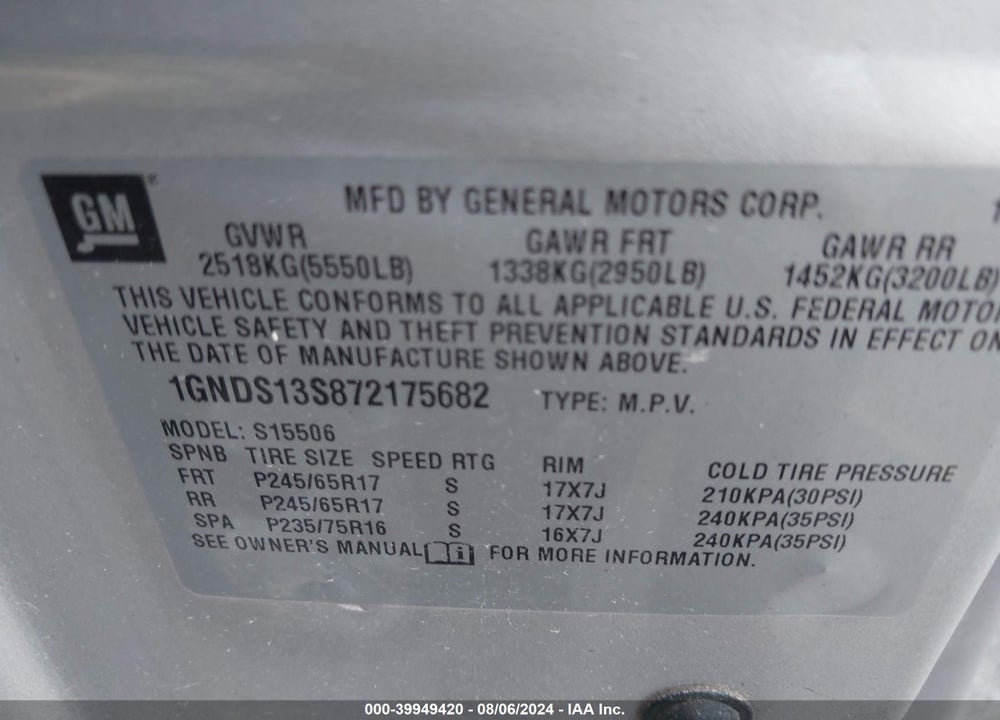 2007 CHEVROLET TRAILBLAZER LS VIN: 1GNDS13S872175682