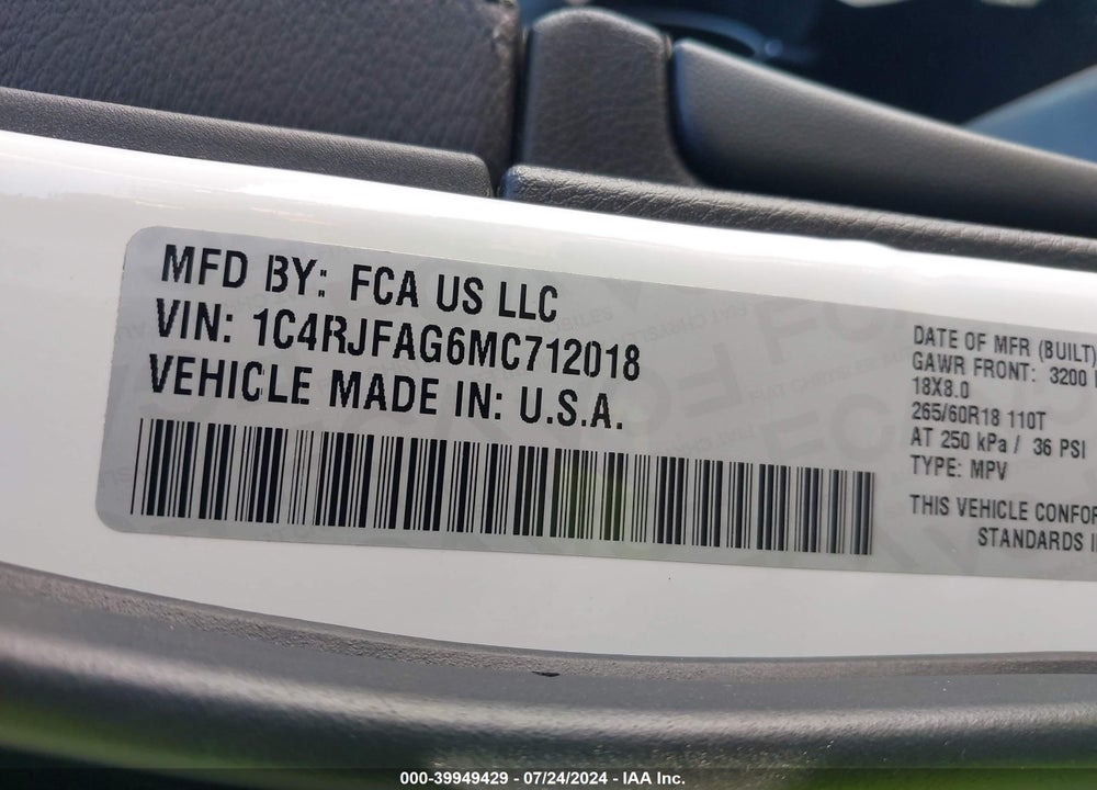2021 JEEP GRAND CHEROKEE LAREDO E 4X4 VIN: 1C4RJFAG6MC712018